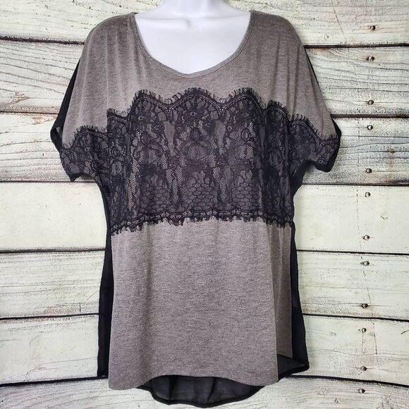 Maurices Women’s Plus Gray Black Lace Contrast Short Sleeve Tunic Top Size 0 (1X - Picture 1 of 8
